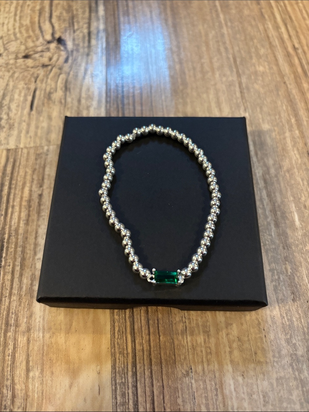 New In Box Silver & Emerald Stretchy Bracelet